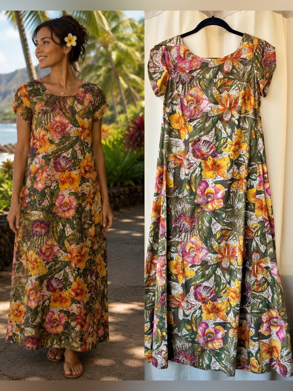 Vintage 90s Homemade Cotton Tulip Sleeve Maxi Dress Botanical Muumuu